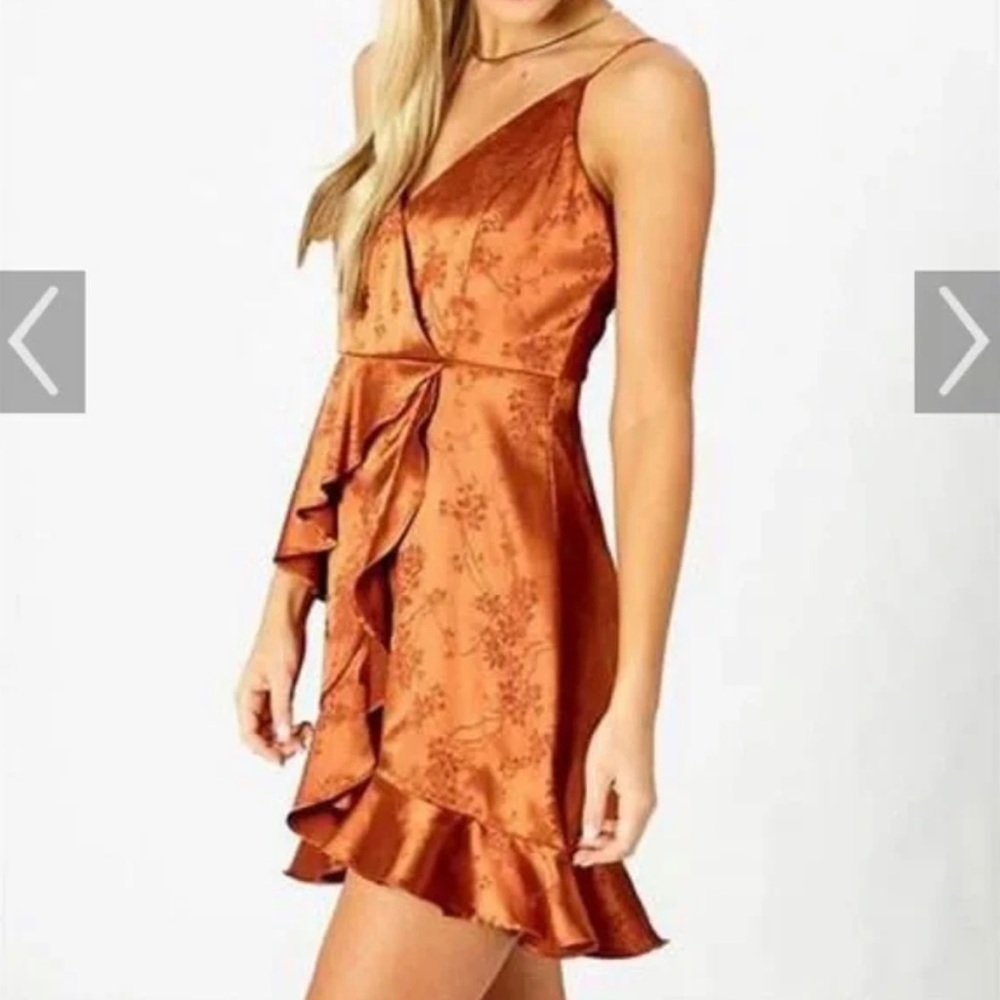 Satin Burnt Orange V Neck Mini Dress